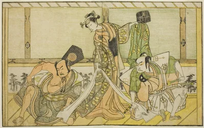 Les Acteurs Otani Hiroji III en Kawazu no Saburo (à droite), Segawa Kikunojo II en Princesse Tatsu (Tatsu Hime) (au centre), et Nakamura Sukegoro II en Matano no Goro (à gauche), dans la pièce Myoto-giku Izu no Kisewata, jouée au Théâtre Ichimura en onzièm