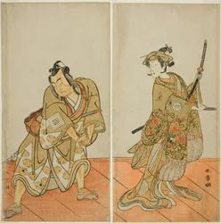 Les acteurs Segawa Kikunojo III comme Aigo no Waka (droite), et Ichikawa Yaozo II comme Hachio-maru Aratora (gauche), dans la pièce Chigo Sakura Jusan Kane, jouée au théâtre Ichimura en novembre 1774
