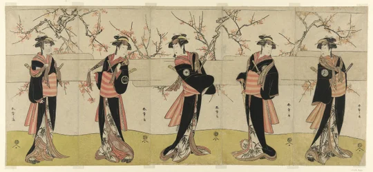 Les acteurs Segawa Kikunojo III en Karigane Obun, Nakayama Tomisaburo I en An no Oyasu, Iwai Kiyotaro II en Kaminari no Osha, Nakayama Tatezo I en Gokuin no Osen, et Ichikawa Monnosuke II en Hotei no Oichi (de droite à gauche), dans "Gonin Onna," scène une