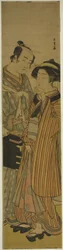 Les acteurs Segawa Kikunojo III en Okoma (à droite), et Arashi Sangoro III en coiffeur Obana Saizaburo (à gauche), dans la pièce Koi Musume Mukashi Hachijo, jouée au théâtre Nakamura en mars 1776