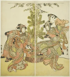 Les acteurs Segawa Kikunojo III comme Yasukata (à droite), et Iwai Hanshiro IV comme Utou (à gauche) dans la pièce Godai Genji Mitsugi no Furisode, jouée au théâtre Nakamura en novembre 1782