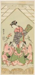 Les acteurs Segawa Kikunojo II en tant que nourrice Reizei, Ichikawa Komazo I en tant que Suruga no Hachiro déguisé en joueur de shamisen Kichiroku (à droite), et Ichikawa Yaozo II en tant que Tada no Kurando déguisé en porteur de palanquin Kichinai (à gau