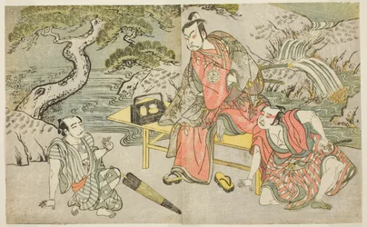 Les acteurs Tomizawa Hanzaburo II comme Nagoya Sanzaemon (souvent appelé Sanza) (à droite), Nakamura Juzo II comme Fuwa Banzaemon (au centre), et un acteur non identifié comme le pickpocket Matsumoto Daishichi (à gauche), dans la pièce Fuki Kaete Tsuki mo 