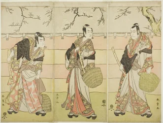 Trois moines Komuso : Les acteurs Ichikawa Ebizo (Danjuro V) en Kudo Suketsune (à droite), Ichikawa Monnosuke II en Soga no Juro Sukenari (au centre), et Ichikawa Omezo I en Soga no Goro Tokimune (à gauche), dans l