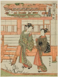 Yagurashita no Bansho (Cloche du soir à Yagurashita), courtisane et son assistante au quartier de plaisir non autorisé de Yagurashita à Fukagawa, de la série "Fukagawa Hakkei (Huit vues de Fukagawa)"