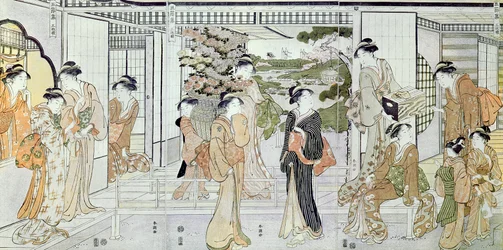 Jeunes femmes avec un panier de chrysanthèmes