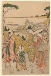 Une compagnie de pèlerins de Yedo devant une maison de thé sur les collines derrière la plage de Futami admirant la vue, 1795