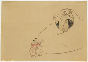Hotei offrant un bijou flamboyant à un petit garçon, c.1850