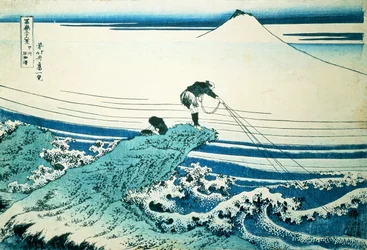 "Un pêcheur debout sur un promontoire rocheux à Kajikazawa dans la province de Kai", de la série "36 vues du mont Fuji", pub. vers 1830-31