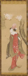 Une danseuse, Kiyohime, un cerisier et la cloche de Dojo-ji, fin 18ème-début 19ème siècle