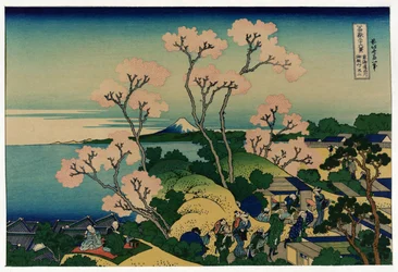 Un groupe de Japonais sous des cerisiers en fleurs, à Shinagawa, route de Tokaido, Japon, avec vue du Mont Fuji au loin