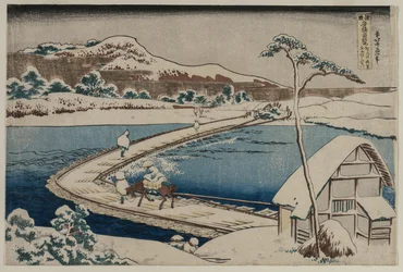 Une ancienne image du pont de bateaux à Sano dans la province de Kozuke, début des années 1830