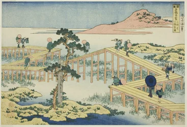 Vue ancienne du pont à huit planches dans la province de Mikawa (Mikawa no Yatsuhashi no kozu), de la série "Vues inhabituelles des ponts célèbres dans diverses provinces (Shokoku meikyo kiran)"