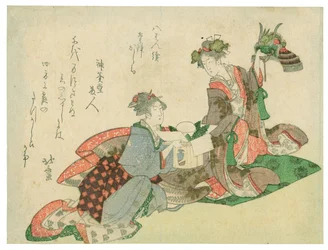 Casque à tête de dragon (deux femmes avec des décorations du Nouvel An)