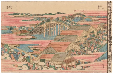 Marché aux poissons près de la rivière à Edo au pont Nihonbashi