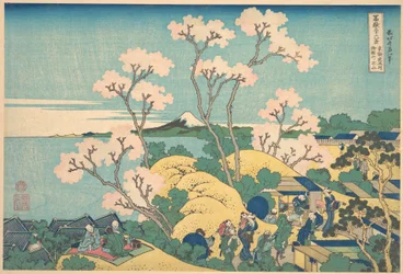 Le mont Fuji vu depuis Gotenyama, sur la route du Tōkaidō, à Shinagawa (Tōkaidō Shinagawa Gotenyama no Fuji), tiré de la série « Les trente-six vues du mont Fuji » (Fugaku sanjūrokkei)