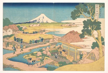 Le mont Fuji vu depuis les plantations de thé de Katakura à Suruga (Sunshū Katakura chaen no Fuji), tiré de la série « Les trente-six vues du mont Fuji » (Fugaku sanjūrokkei)