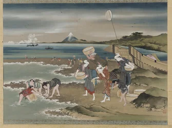 Paysage : ramasseurs de palourdes sur le rivage (encre et couleur sur soie)