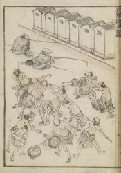 Hommes luttant et pêchant (gravure sur bois)