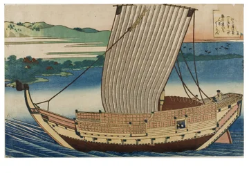 N° 18. La scène, une jonque naviguant sur une mer calme devant la baie de Suminoye à Settsu, de la série Les cent poèmes expliqués par la nourrice, vers 1835-1836 (gravure sur papier).