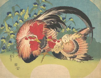 Coq, poule et poussin avec tradescantia, vers 1830-33