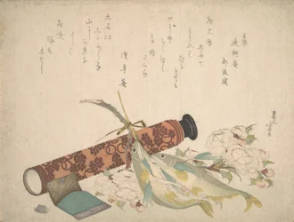 Nature morte : Branche de cerisier double, télescope, poisson doux et étui à mouchoirs, vers 1804-13