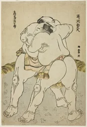 Les lutteurs de sumo Uzugafuchi Kandayu et Takasaki Ichijuro