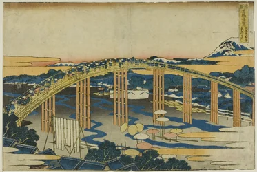 Pont Yahagi à Okazaki sur le Tokaido (Tokaido Okazaki Yahagi no hashi), de la série "Vues inhabituelles de ponts célèbres dans diverses provinces (Shokoku meikyo kiran)"