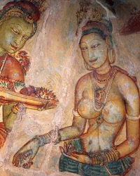 Apsaras, nymphe céleste offrant des fleurs, fresque, citadelle fortifiée de Sigiriya (Liste du patrimoine mondial de l