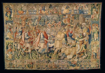 Musée paroissial des tapisseries (Museo Parroquial de Tapices de Pastrana). Tapisserie flamande. Charlemagne, entrée triomphale en Carmanie (Alejandro Magno, Entrada trionfan en Carmania).