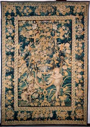 Tapisserie. Enghien. Garçon face à un animal sauvage (Bambin taquinant un jeune fauve, De knaap met het jonge wilde dier). 363 cm x 259 cm. Un garçon ou putto taquinant un animal sauvage, peut-être un léopard, avec une poire fixée sur un bâton.