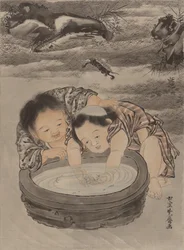 Deux enfants jouant avec des poissons rouges, vers 1887