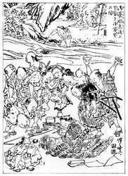 Jeune Kyôsai dessinant la tête coupée, 1898