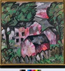 Paysage avec maisons rouges. Peinture de Kasimir Severinovich Malevich (1878-1935) 1910. Kunstmuseum Bâle
