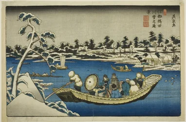 Vue lointaine de la neige sur la rivière Sumida à Edo