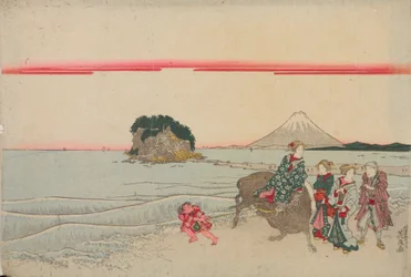 Femme sur un buffle, enfant et trois passants au bord de la mer, avec l