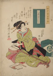 Femme tendant une corde sur un shamisen, de la série : Concours musical à Edo de jeu de shamisen - Edo ongyoku uta-awase