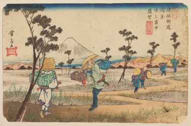 Konosu, pèlerin et voyageurs sur un chemin de campagne, planche 8 de la série : Soixante-neuf stations de la route du Kisokaido (route intérieure montagneuse de Mino à Shinano) / Kisokaido rokuju-ku zugi