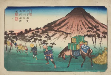 Oiwake, voyageurs avec un cheval passant une montagne, planche 22 de la série : Les soixante-neuf stations de la route du Kisokaido