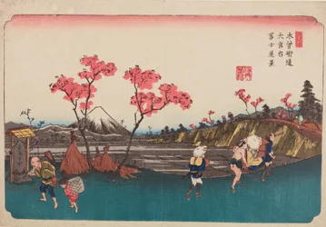 Ōmiya, arbres roses au bord de la route, planche 5 de la série : Soixante-neuf stations de la route du Kisokaidō / Kisokaidō rokujukyū tsugi-no uchi
