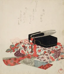 Nature morte avec boîte à couture, ciseaux et étoffe pour ornements de cheveux