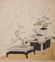 Table avec prunier en fleurs et pots de fleurs