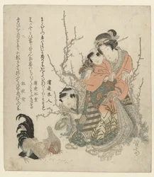 Femme et enfants nourrissant des poules