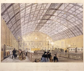 Intérieur de la Gare de Charing Cross montrant les trains et le toit en fer, Londres, vers 1890