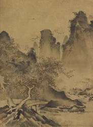 Paysage : montagnes, ruisseau et pont