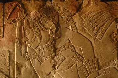 Banc du trône du Temple 19, Palenque, Mexique, sculpture d