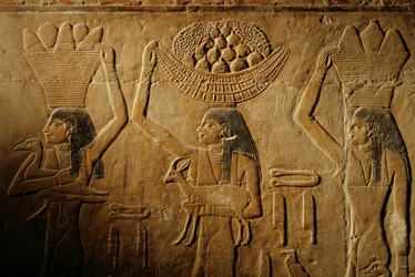 Femmes portant du pain, un oiseau, une chèvre et des produits, tombe de Tiye, Égypte ; Ancien Empire ; Saqqa...