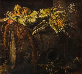 Vieux tonneau et épis de maïs