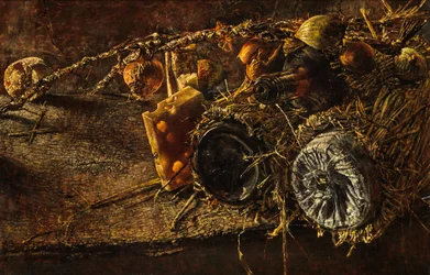 Nature morte avec fromage et bouteilles
