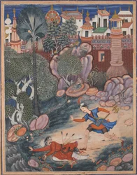 Umar se promène autour du château de Fulad, rencontre un soldat à pied et le renverse, vers 1570